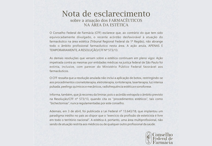 CRF-GO | Nota de esclarecimento sobre a atuação dos FARMACÊUTICOS NA ÁREA DA ESTÉTICA