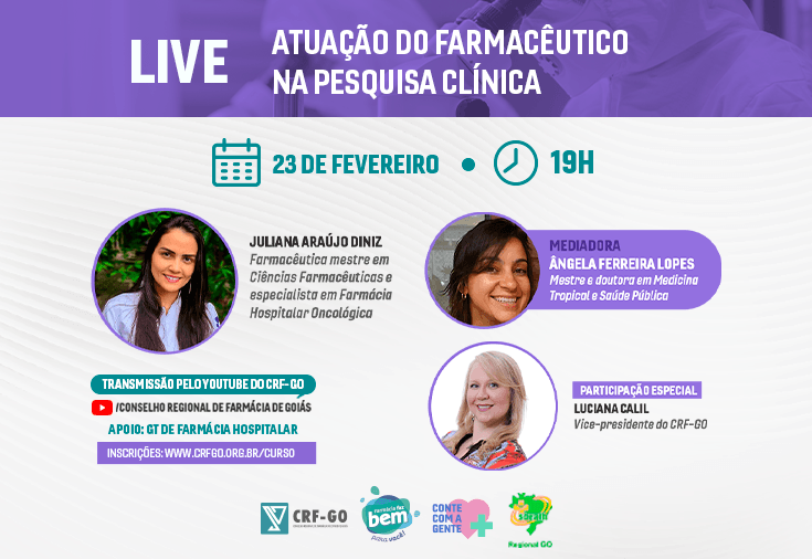 CRF-GO | Atuação do Farmacêutico na Pesquisa Clínica é tema de live do CRF-GO