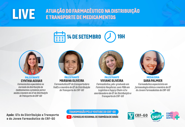 CRF-GO | Atuação do farmacêutico no transporte e distribuição de medicamentos é tema de live do CRF-GO