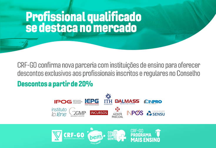 CRF-GO | CRF-GO confirma nova parceria com instituições de ensino para oferecer descontos exclusivos aos profissionais inscritos e regulares no Conselho